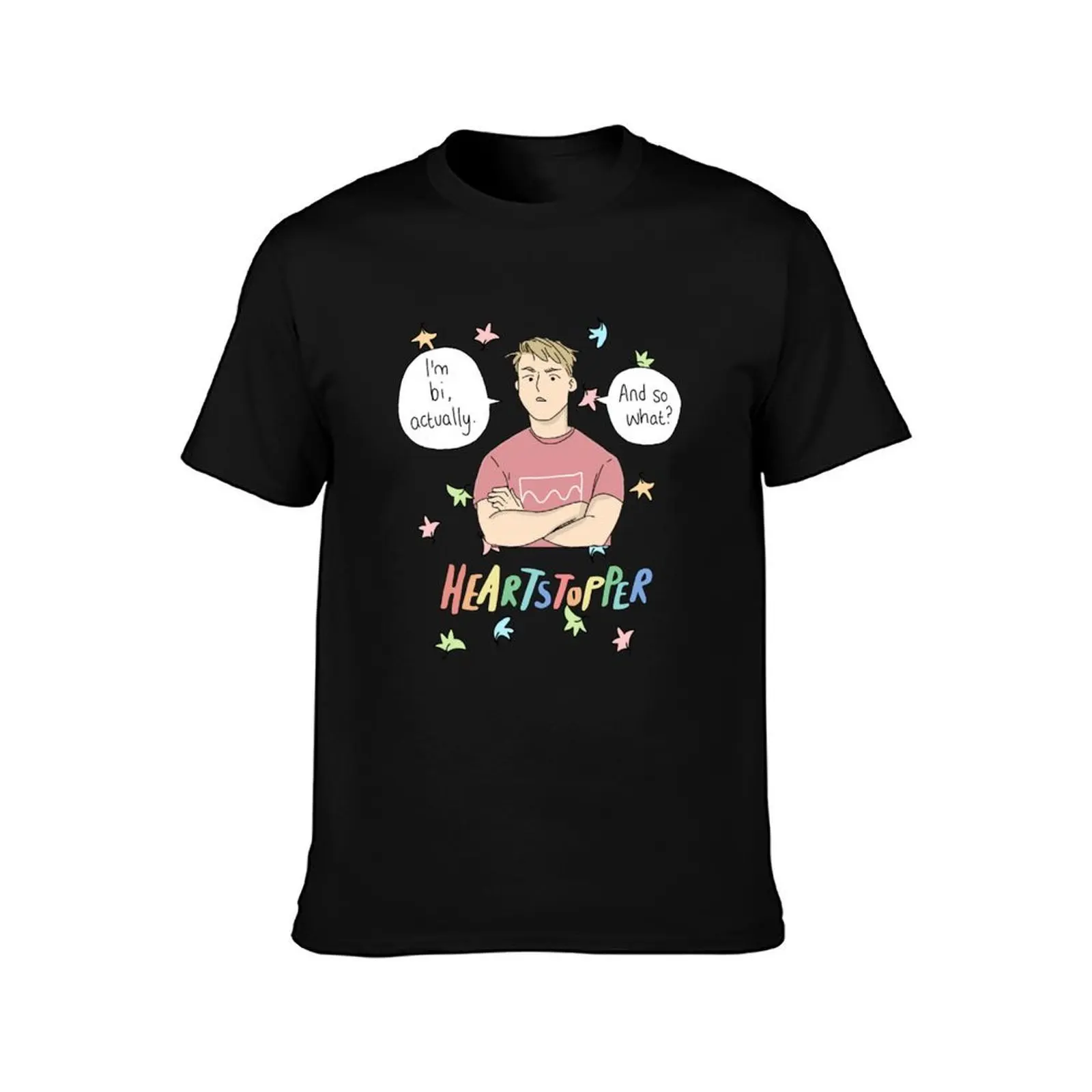 Nick Nelson - Im bi actually and so what - Heartstopper leaves (Black background) T-Shirt Basic Casual Wear Short Sleeve Top