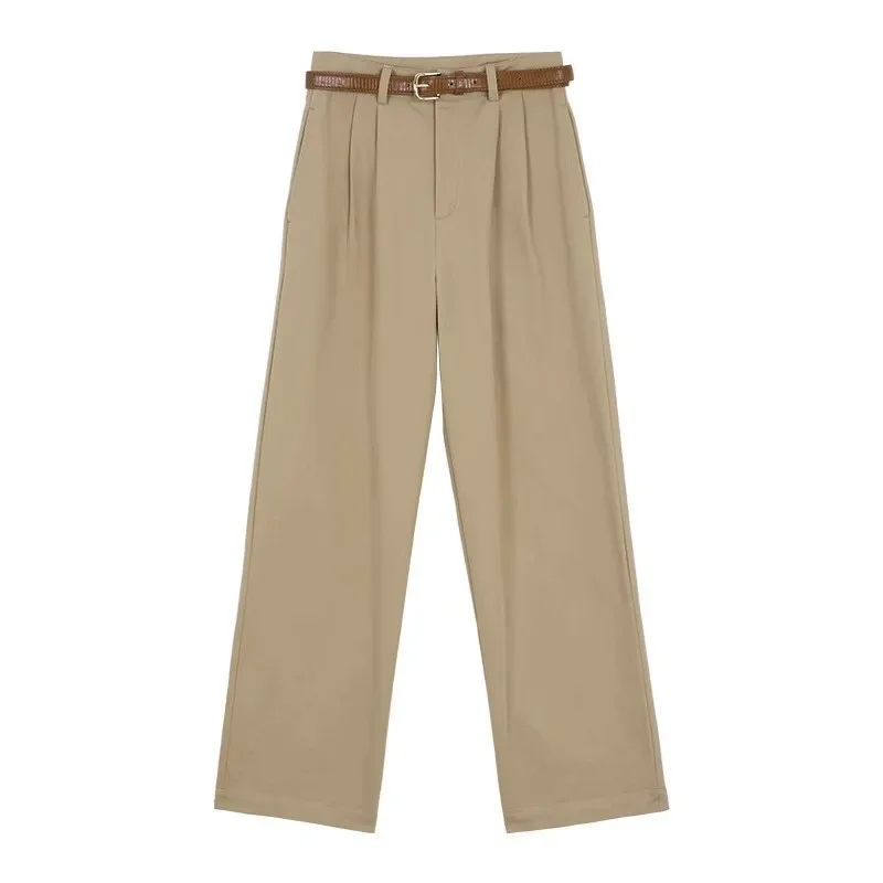 الفرنسية خمر الكاكي مستقيم الساق دعوى السراويل النسائية الربيع الصيف عالية الخصر الكورية نمط التخسيس غطاء عادية القطن الخالص Lon