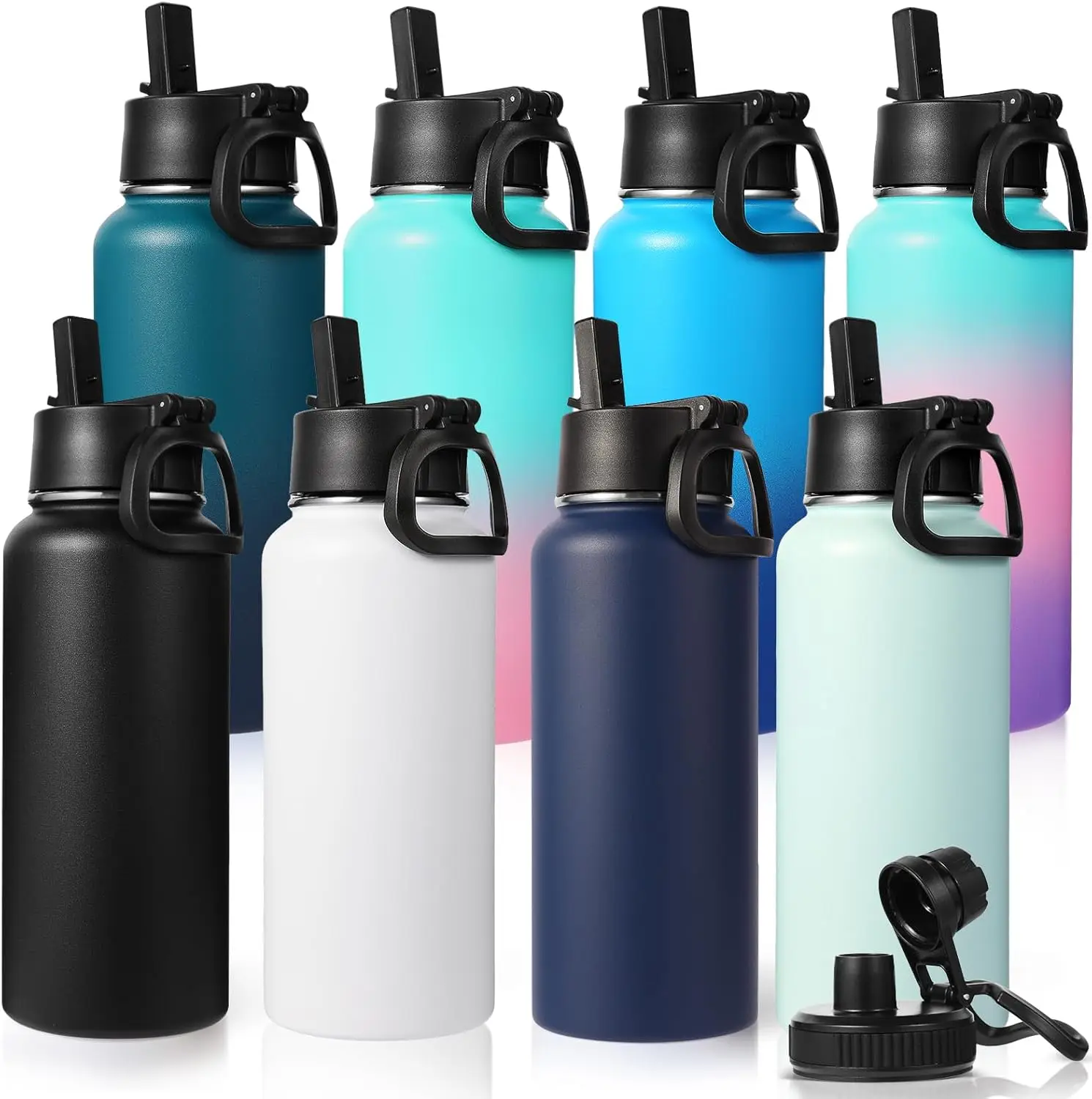 

32 oz Insulated Water Bottles with 2 Lids, Stainless Steel Double Wall, Keeps Cold 24H & Hot 12H (8 Pack, Eight Colors)