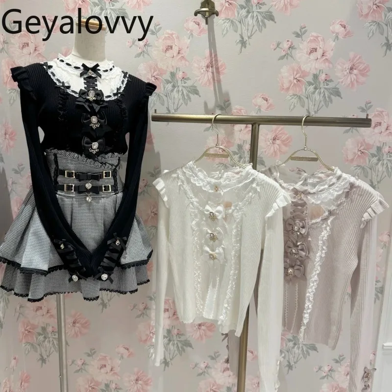 Pull tricoté en dentelle pour filles, mignon et doux, avec nœud polyvalent, Patchwork, col rond, manches longues, nouvelle collection automne