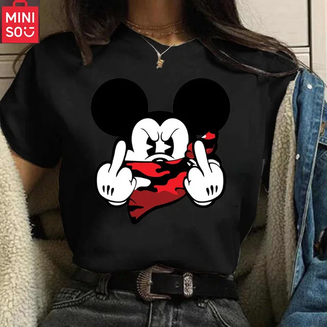 

MINISO New Minnie Mouse T-shirt, Cute Women's T-shirt, Fashionable Women's Black T-shirt, Streetwear, Short-sleeved