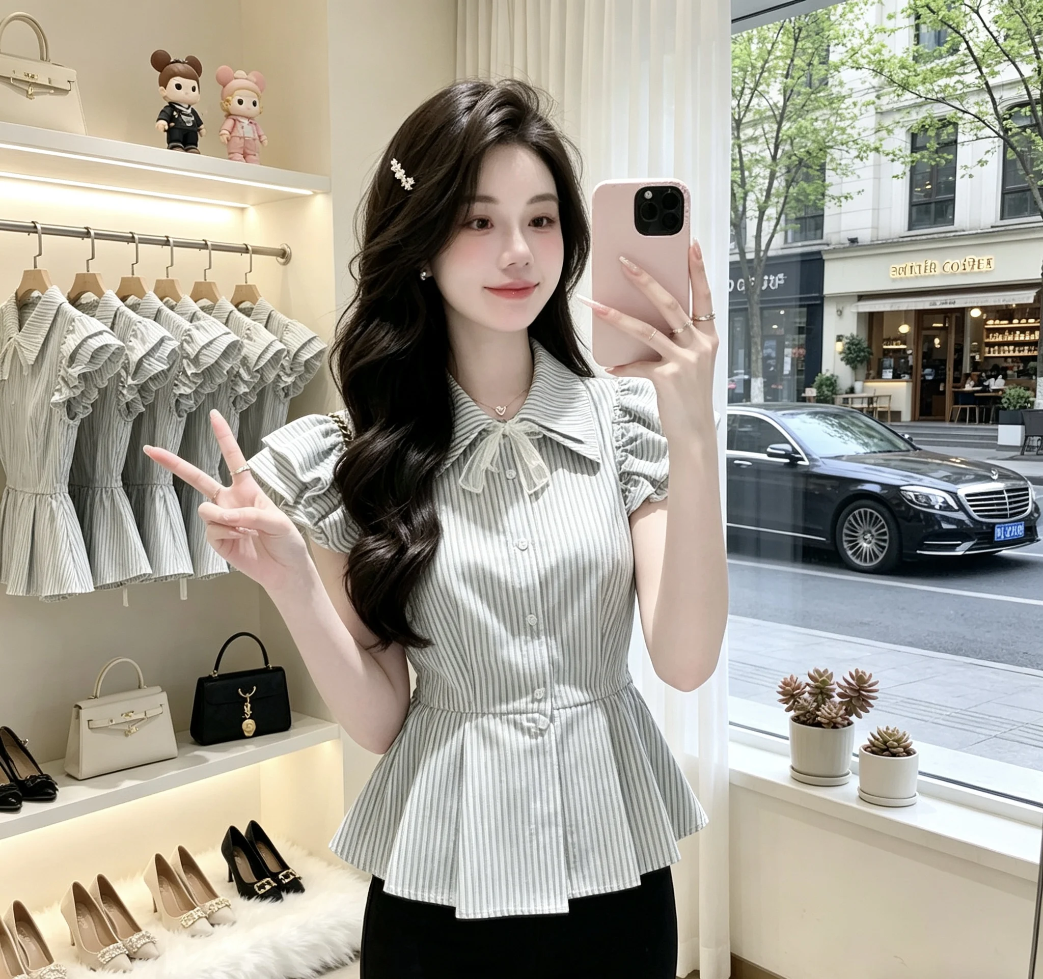 

Slim Fit Striped Shirt Short Sleeve Neck Button Closure Women's Commute Style Polyester Fabric Bubble Sleeve Top