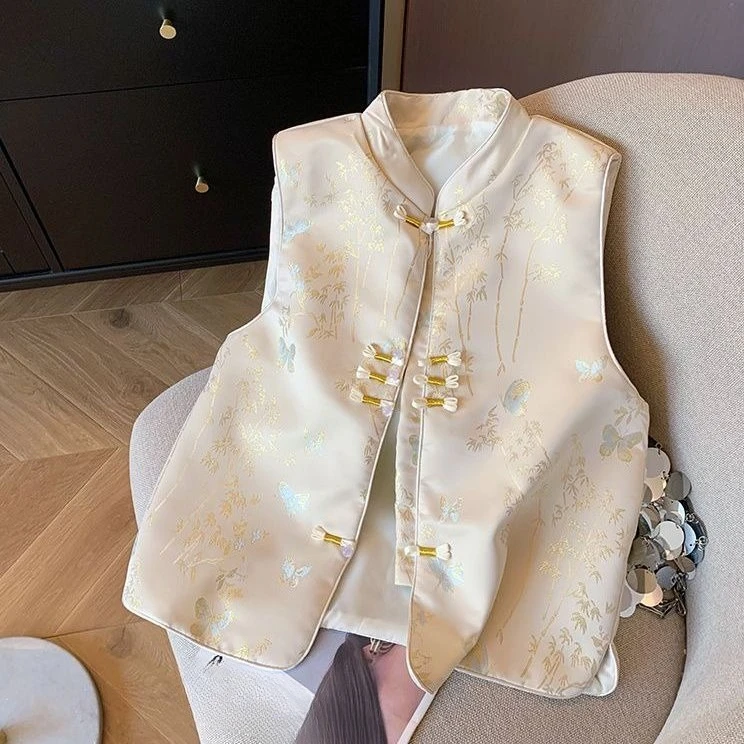 2025 Spring Summer Women Clothes Sleeveless Chinese Style Vintage Beige Floral Butterfly Vest Coat , Woman Vests Coats