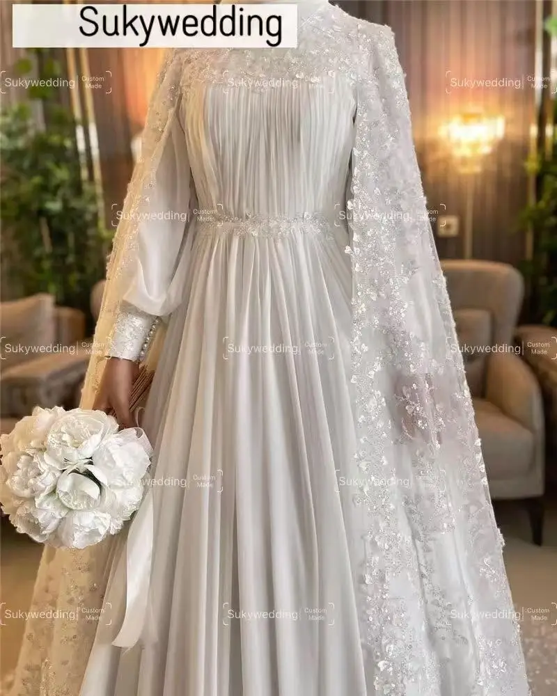 ใหม่มุสลิมชุดแต่งงาน Cape Appliques ลูกไม้แขนยาวชีฟองลูกปัดคอชุดเจ้าสาว Robe De Mariée ที่กําหนดเอง