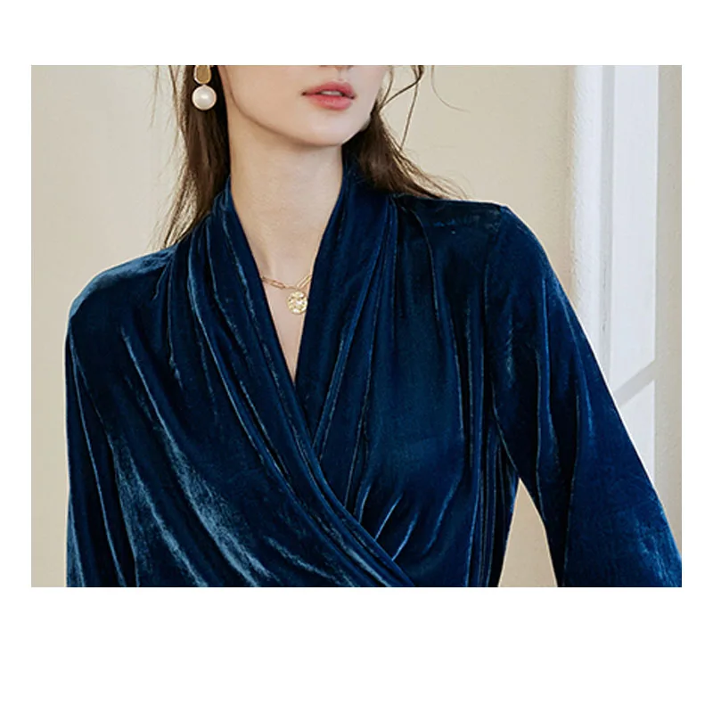 Women\'s Silk Velvet Shirt, French Lace, Mulberry Silk, V-Neck, Waist Blouse, Noble Temperament, Spring, Autumn, Fashion