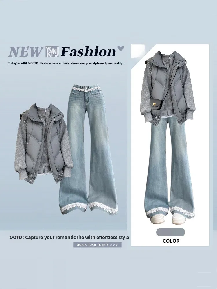 

Толстовка с капюшоном, кружевной многослойный женский комплект Faion, длинные брюки с высокой талией, зимний повседневный костюм-футболка, ансамбль