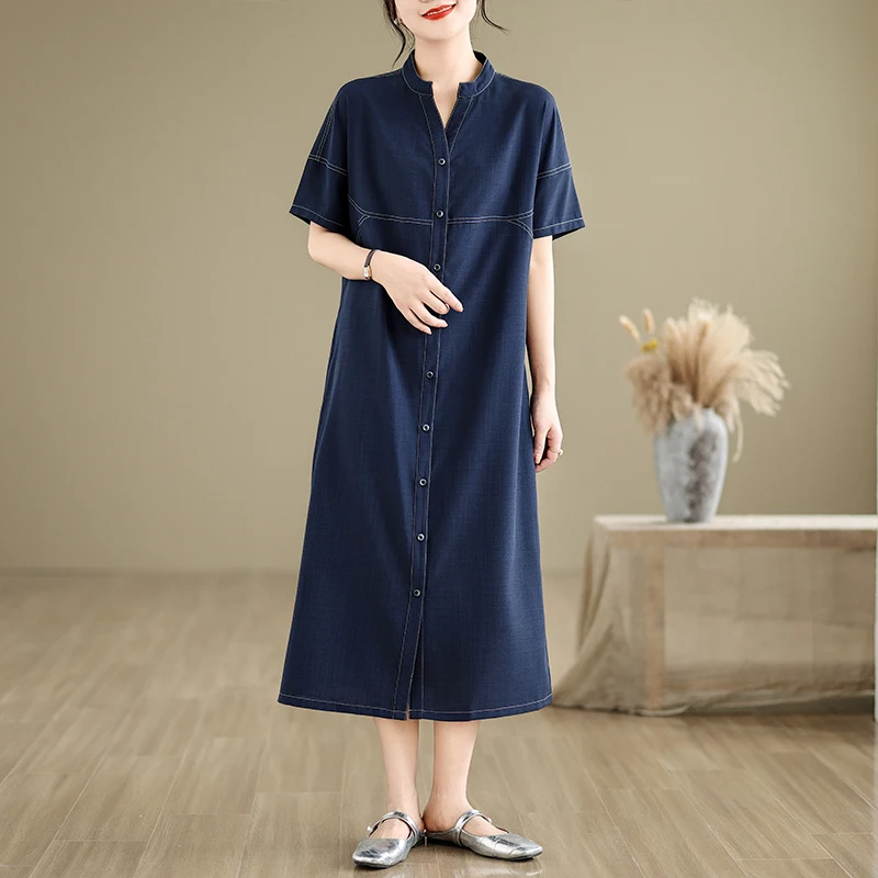 Robe chemise droite bleue à manches courtes pour femmes, chemise boutonnée sur le devant, robe mi-longue de style coréen, robe trapèze pour dames, bureau, #3872