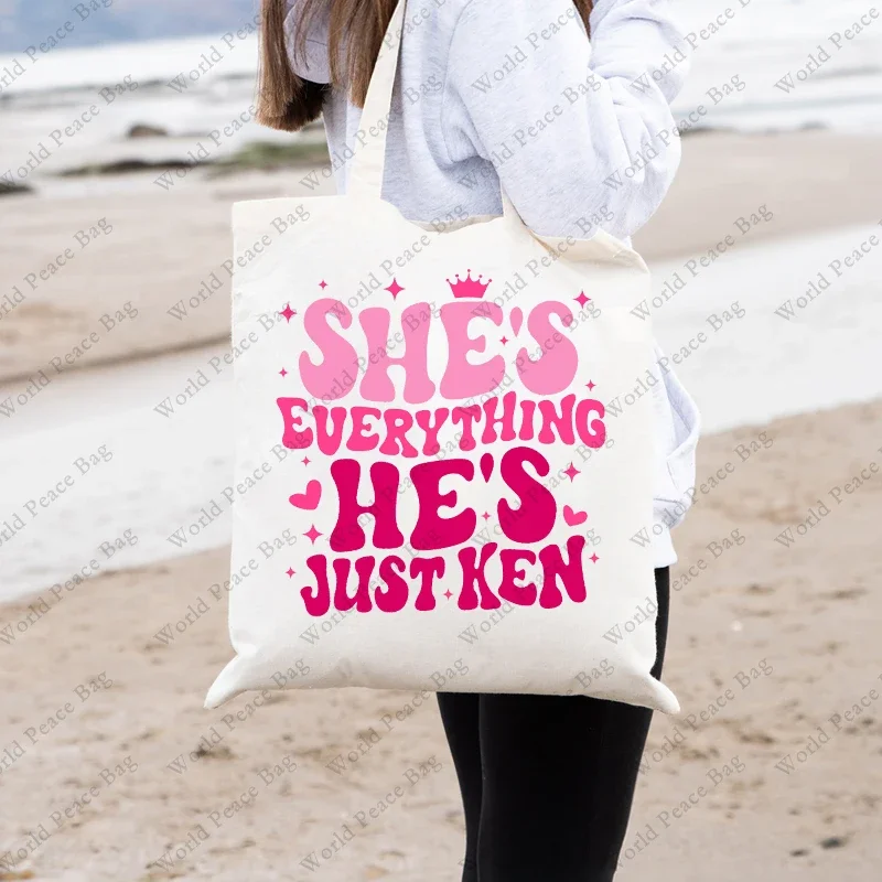 1 Pc She's Everything He's Just Ken Pattern Tote Bag Canvas Shoulder Bag for Travel Daily Commute Women's Reusable Shopping Bag