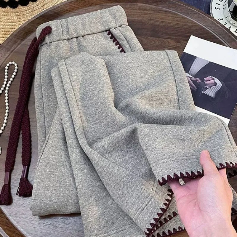 Women's Drawstring Wide Leg Sweatpants Loose Decorative Stitch Casual Straight Trousers