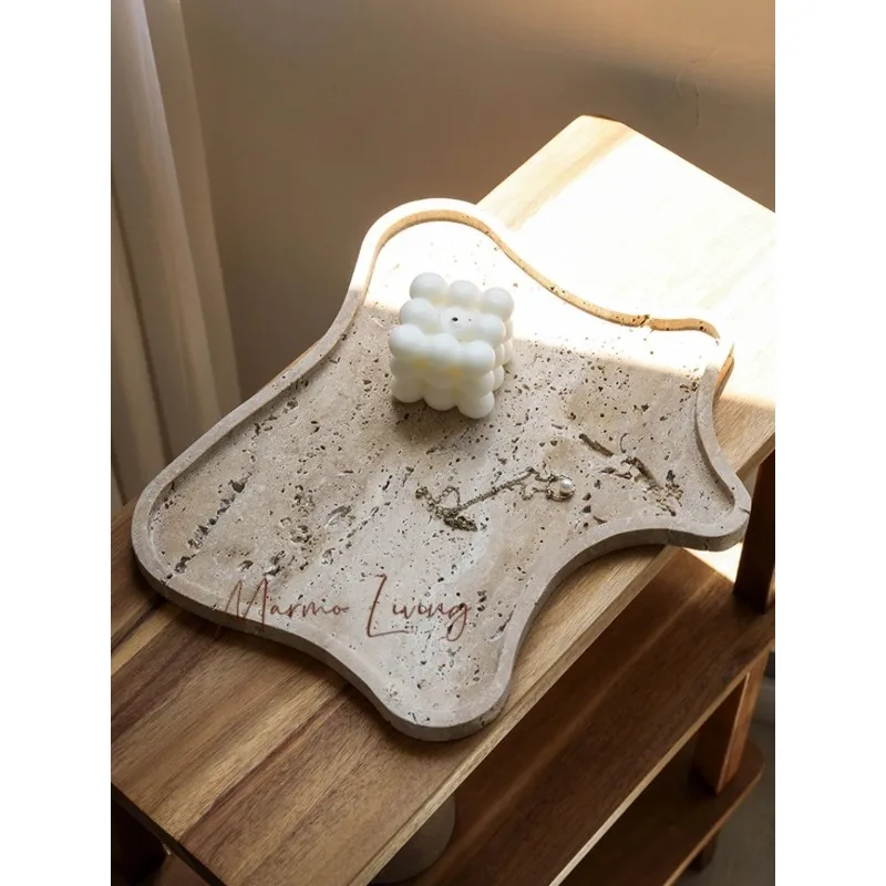

Vintage Travertine Stone Tray, Decorative Jewelry Plate Trinket Dish, Marble Counter Organizer for Bathroom Dresser Coffee Table