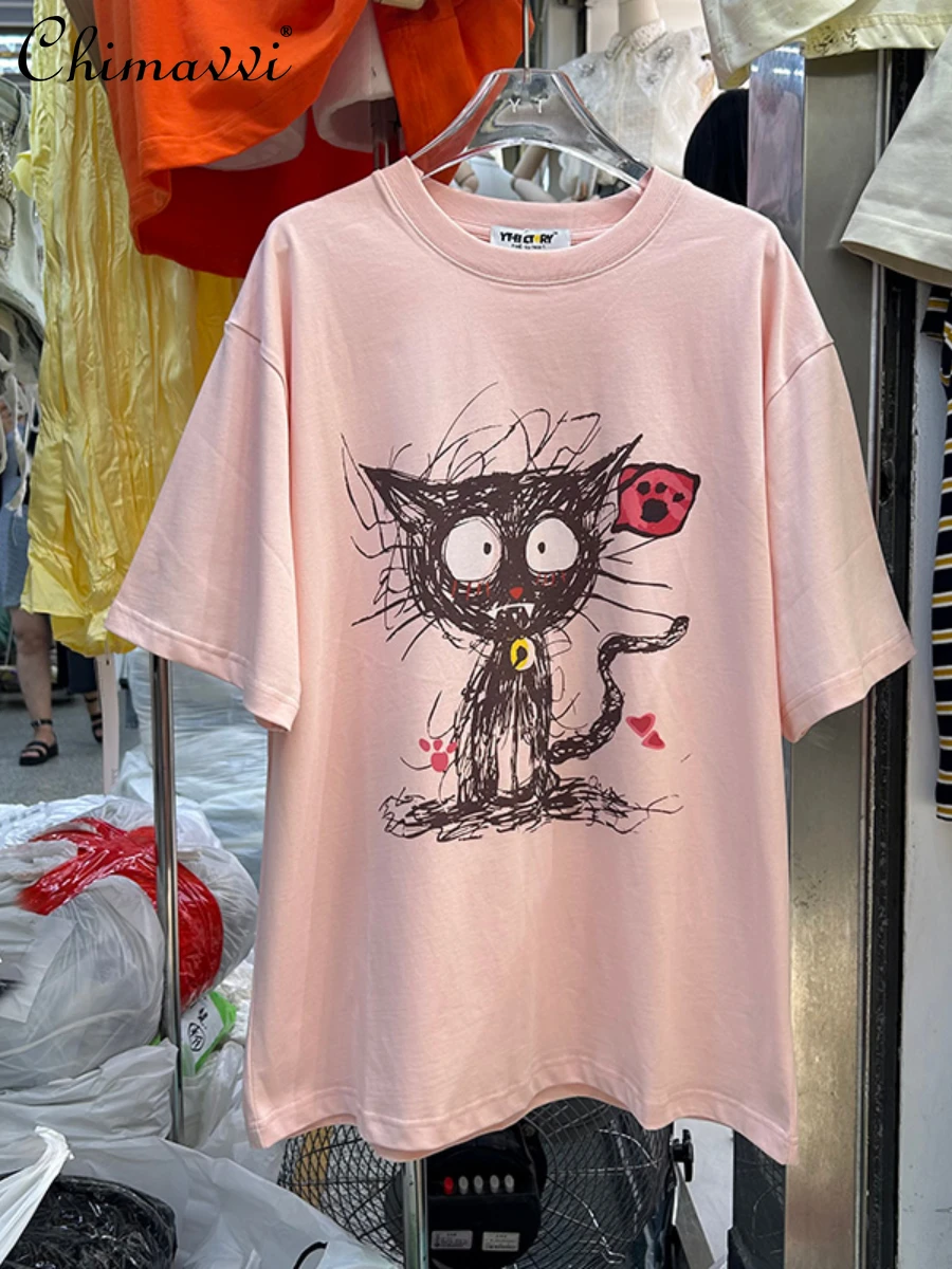 

2024 Summer European Fashion Pullover Cat Printing Mid-Length T-shirt Round Neck Kawaii Women's T-shirt Short Sleeve Slim Top