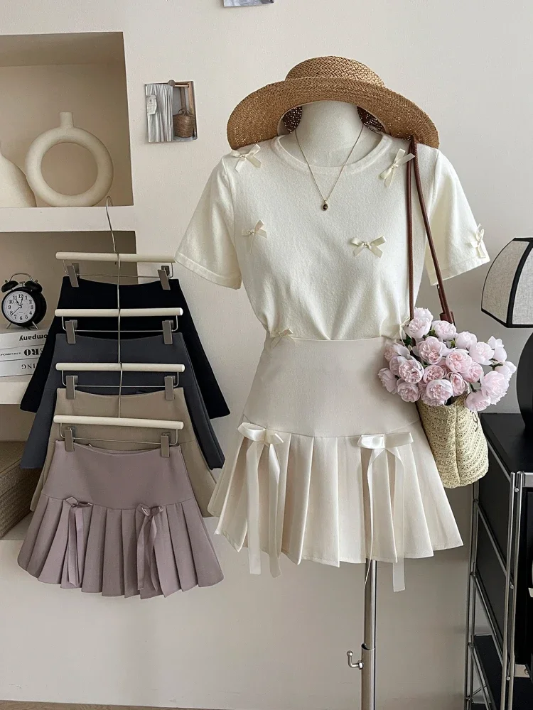 Sweet Bow Pleated Suit Skirts Women's Vintage Preppy Style Solid Color A-line Skirts Korean Fashion All Match Skirts Streetwear