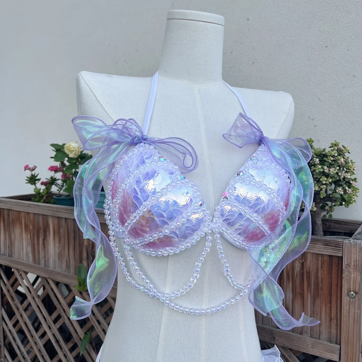 

Mermaid Bikini Bra Sequin Triangle Lace Up Corset Top for Role Play Performance Beach Party Aquarium Show Cosplay Costume