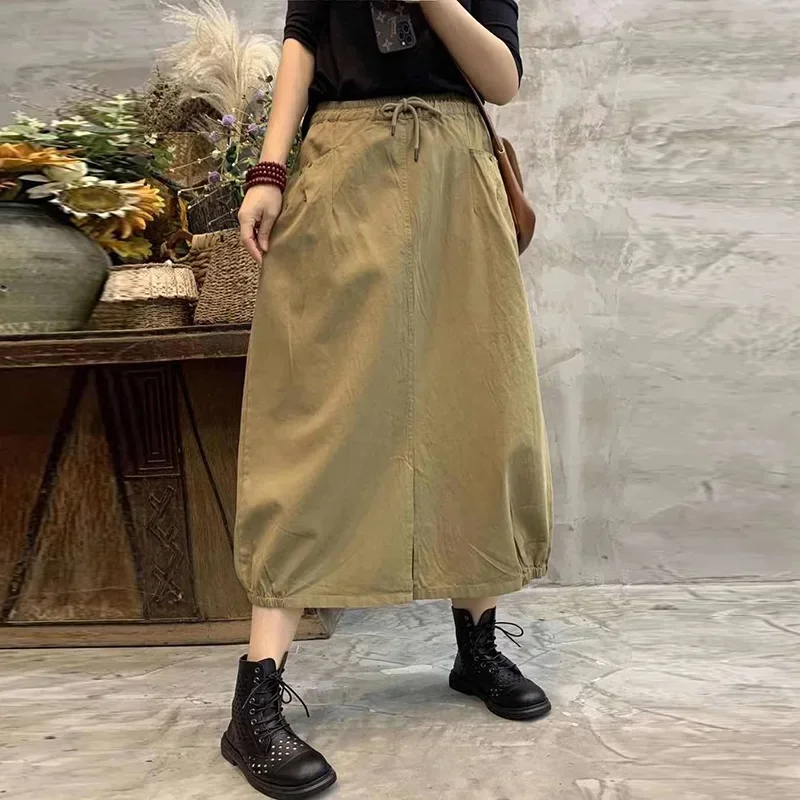 تنورة نسائية مرنة على شكل حرف A ، تنورات قطنية ، قمصان عتيقة ، أحادية اللون ، الصيف ، الربيع ، قمصان