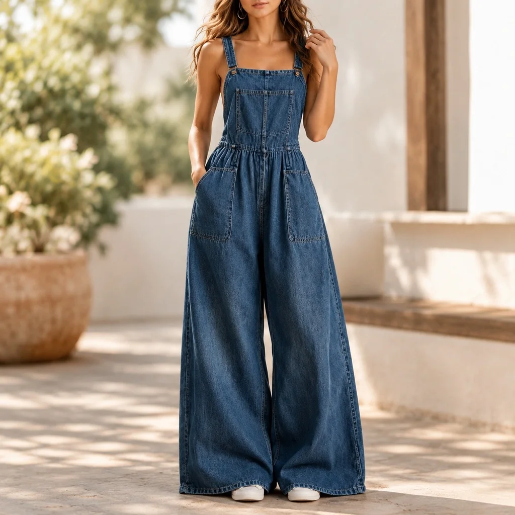 Loose Fit Sleeveless Camisole with Streetwear Summer Jumpsuit Straps Full Length Fresh Sweet Elastic Waist Women Jumpsuit