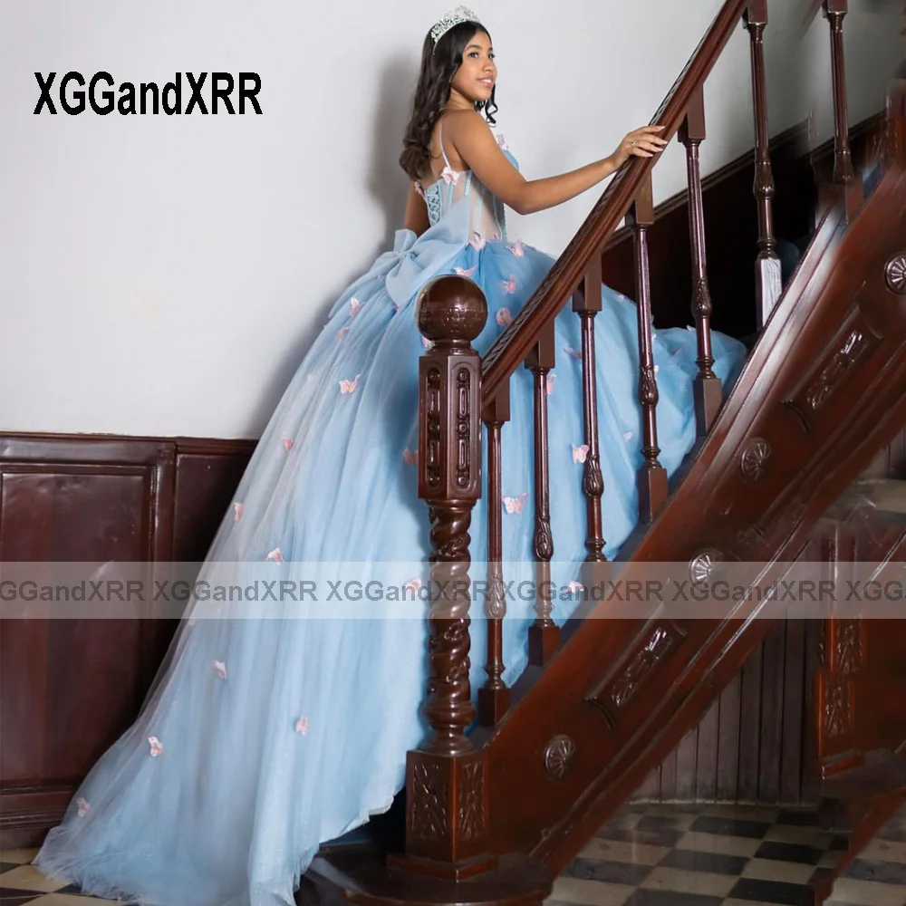 Sky Blue Ball Gown Quinceanera Dresses 2024 Lace Appliques Cinderella Sweet 16 Dress XV Vestido De 15 Quinceañeras Butterfly