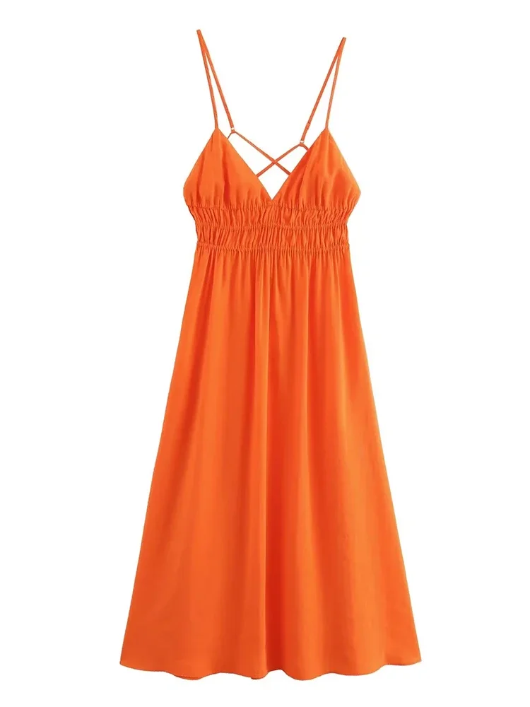 Foridol Orange Backless Tie Up Sexy Sommer Frauen Kleid V-ausschnitt A-linie Strand Slip Kleid 2024, Spaghetti Strap Party Midi Vestidos