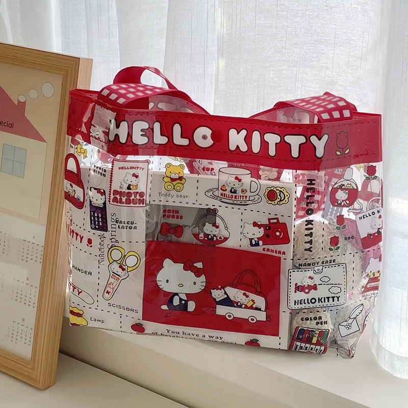 Kawaii Cartoon Rood Hellokitty Handtas Meisje Schattig Pvc Transparant Grote Capaciteit Draagbare Make-Up Tas Opbergtas