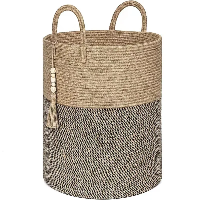 Large Woven Laundry Basket, Nursery Baskets for Storage, Living Room, Toy Blanket Organizing Bucket with Handle, 38x50cm