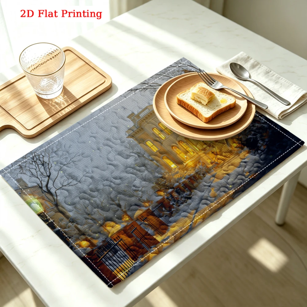 Snowy Mansion Winter Scene Print Kitchen Placemat Coaster Linen Pad Dish Coffee Cup Table Mat 30x40cm Home Decor