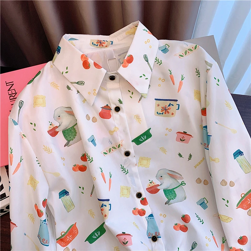 Y2K American Cute Carrot Rabbit Retro Cartoon Shirts Summer Long Sleeve Blouse Beige Loose Button Up Shirt Korean Fashion Girls