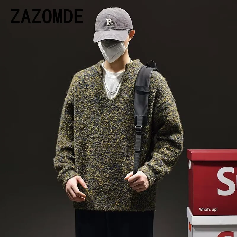 ZAZOMDE Green Contrast Color Casual Sweater Autumn Genderless Fashion Streetwear Soft Versatile Tops Men\'S Clothing Unisex 2024