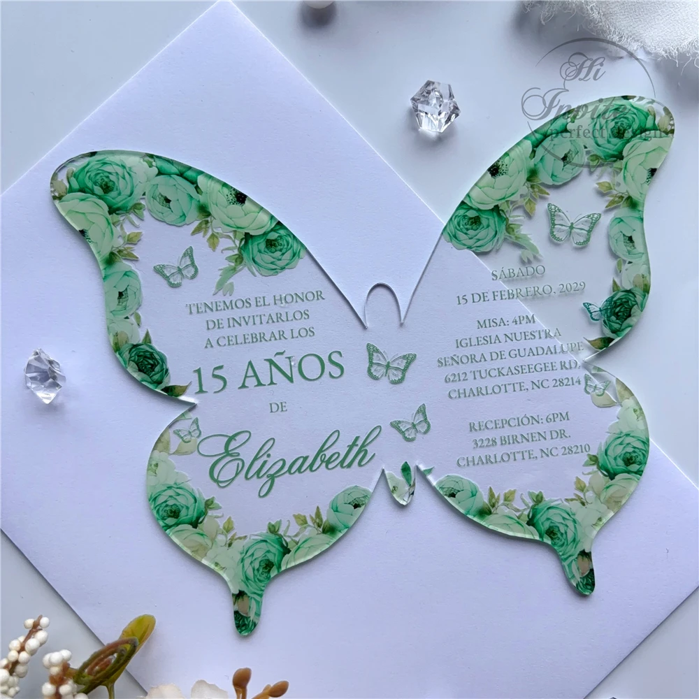 Invitación de quinceañera con mariposa floral verde claro para dulce 15 cumpleaños, personaliza la invitación de Mis XV Anos en español