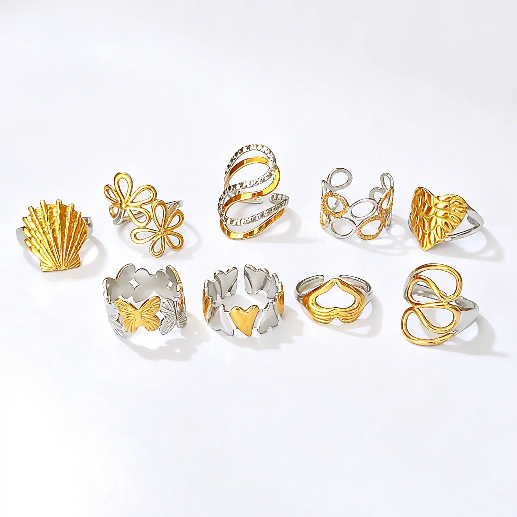 10pcs Stainless Steel Open Ring Gold Silver Jewelry Irregular Pattern Marine Biological Style Bulk Purchase Wholesale
