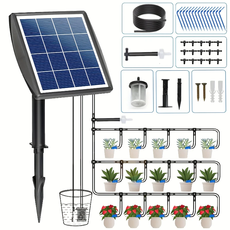 10-Plant Solar-Powered Drip Irrigation System  2200mAh 6 Timer Modes - Optimal Watering for Greenhouses Gardens Balconies