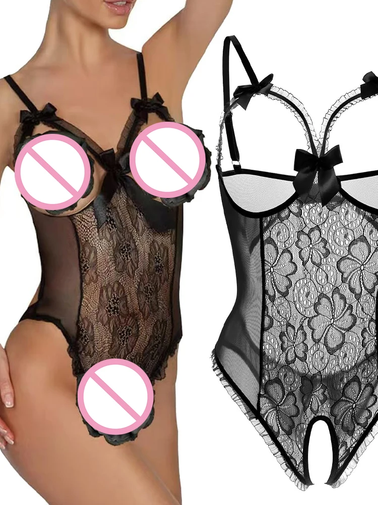 여성 포르노 속옷 레이스 속이 비치는 오픈 브라 세트 플러스 사이즈 섹시 코스튬 딥 V넥 테디 바디수트 에로틱 크로치리스 란제리 세트