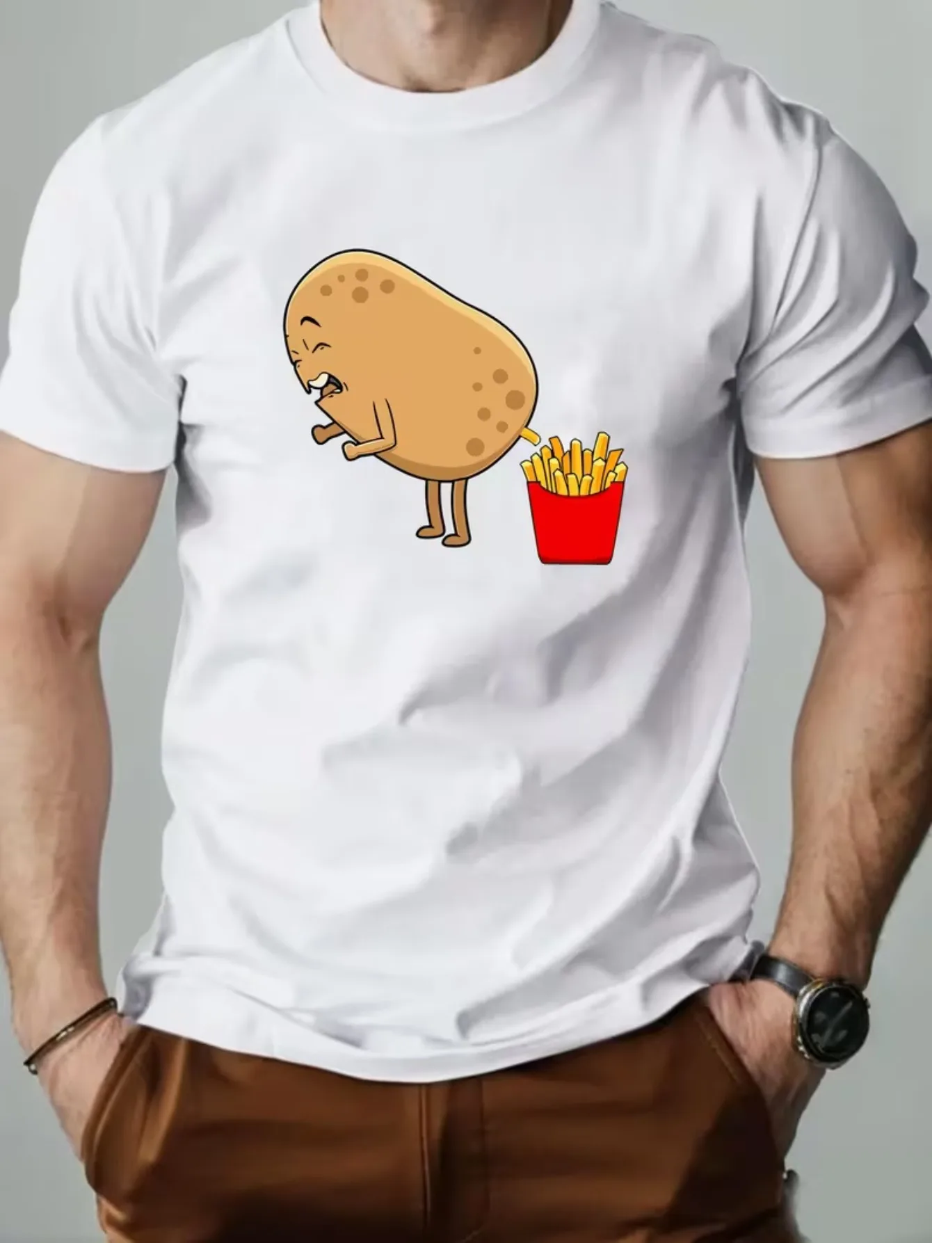 Men'S T-Shirt Featuring a Quirky Potato And Fries Print, Perfect for Food Lovers, Fun And Eye-Catching, Casual And Breathable To