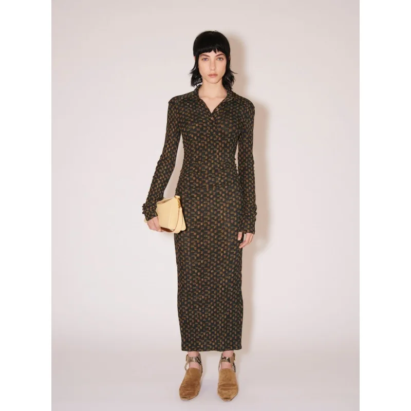 Maxdutti French Retro Checked Slim Fit Long Sleeved Dress Long Shirt Hip Slit Dress Women's Casual Dresses Female Clothing 2026