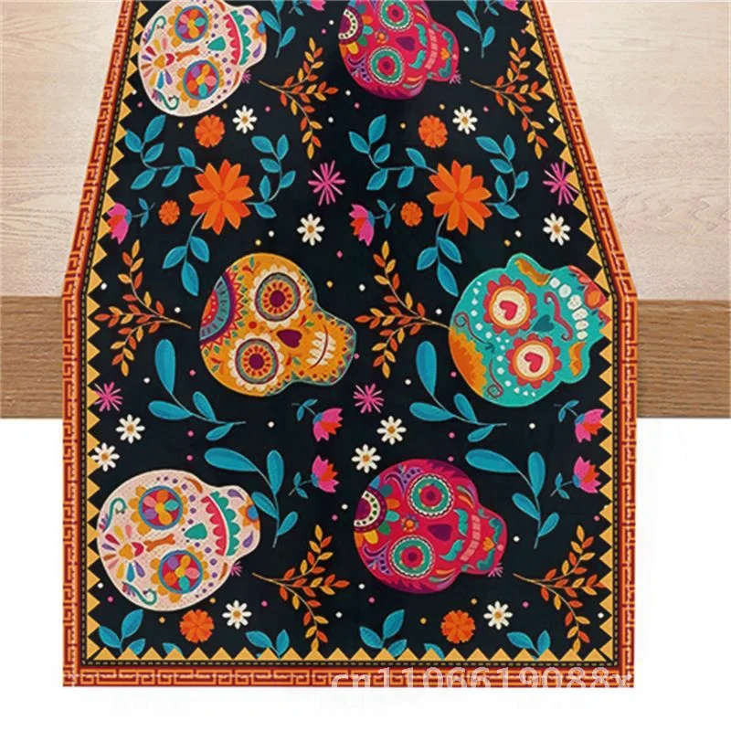 

Multicolor Flower Printed Mexican Skull Linen Table Runner 183cm Tablecloth for Kitchen Restaurant Decorative Floral Pattern