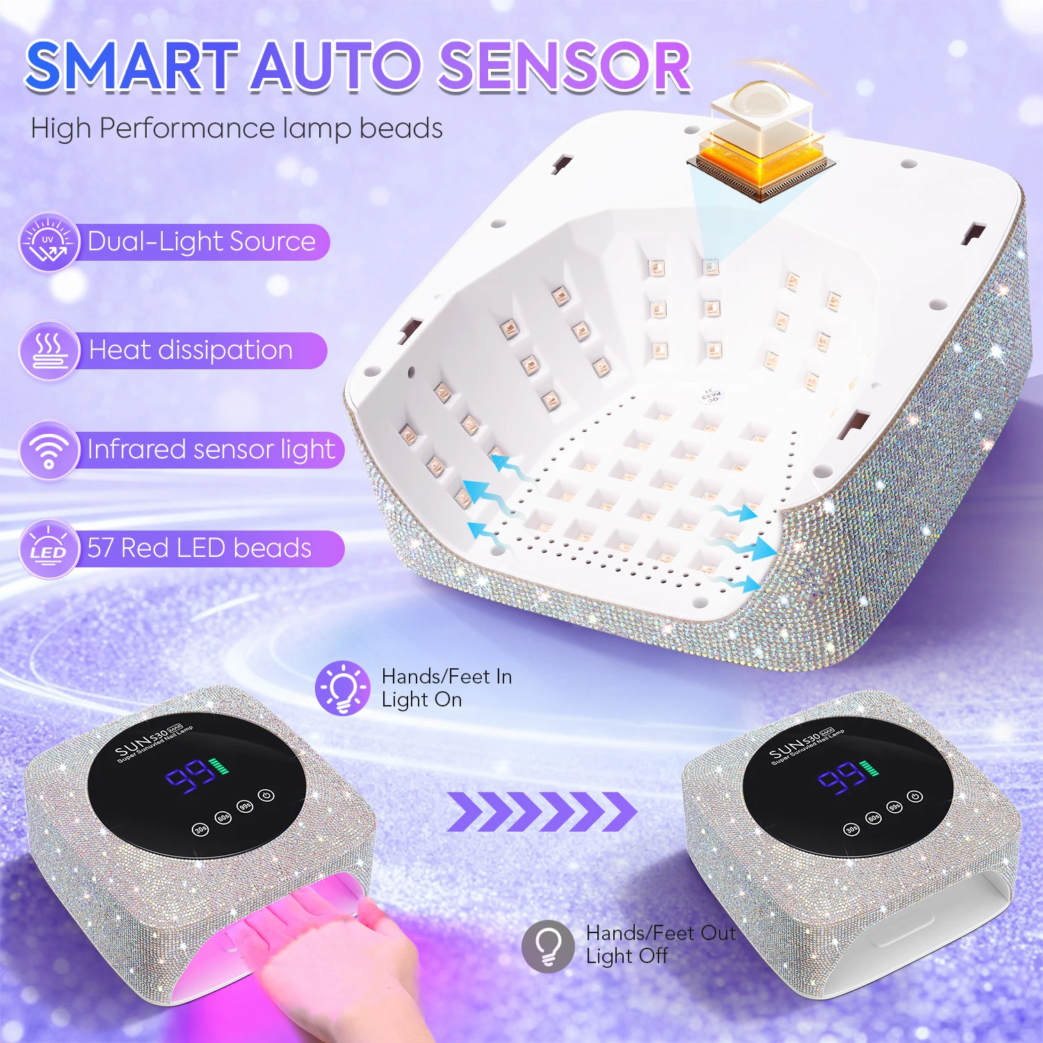 مصباح أظافر لاسلكي بالأشعة فوق البنفسجية قابل لإعادة الشحن 57 مصباح LED مجفف أظافر مع 3 إعدادات للمؤقت ضوء مانيكير للأشعة فوق البنفسجية لأدوات تزيين الأظافر