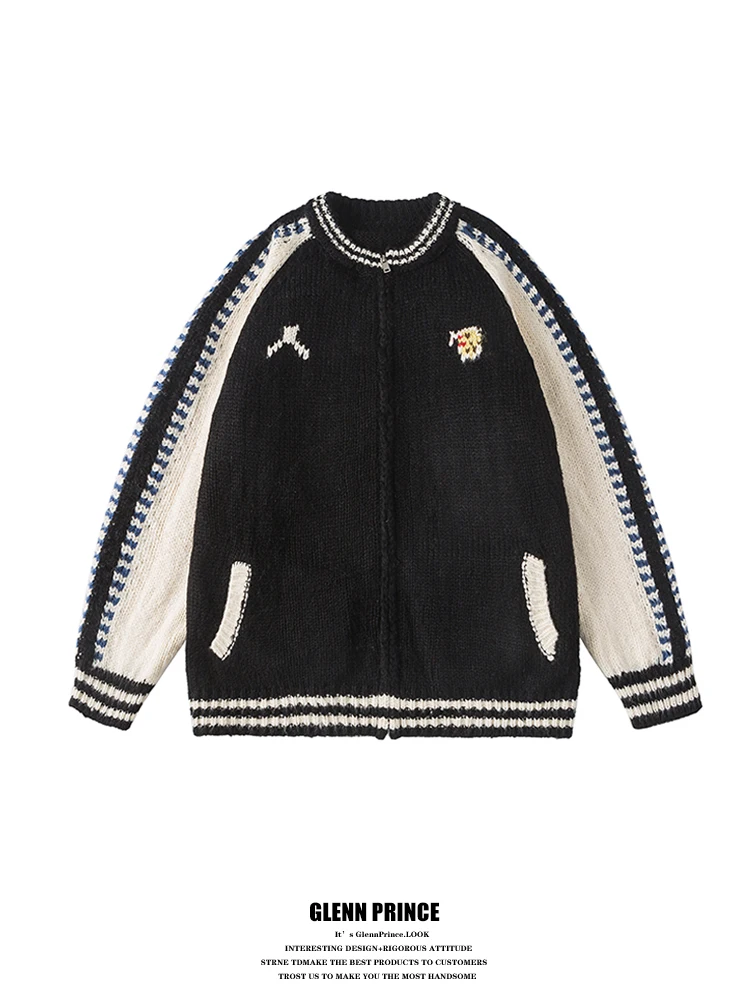 

American Sle Color Blo Knitted Sweater Men's Spring Cardigan Sports Sle Baseball Knitwear Loose Fit Youthful Energy