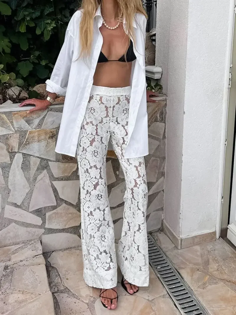 White Lace Flower Jacquard Sheer Flared Trousers Woman Hollow Out Pants Vintage Trouser Y2k Holiday Vacation Street 2025 Summer
