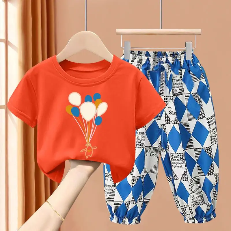 Children\'s Clothing Sets Balloon Print Short Sleeve Top + Diamond Print Trousers 2pcs  Kids Clothes Girls for 2 To 8 Years