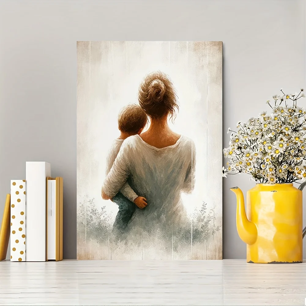1pc Mother & Child Canvas Wall Art - Contemporary Framed Painting with Wooden Wrap-Around Frame, Ready to Hang Home Decor, He