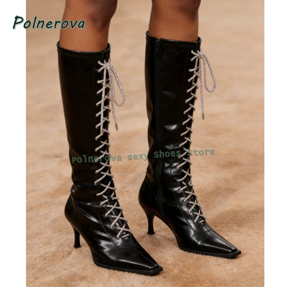 

Элегантные женские сапоги-ботфорты на шнуровке с перекрестными ремешками, на каблуке-шпильке, с острым носком, модные, новинка 2026 года