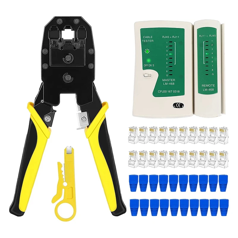 RJ45 Crimp Tool Kit With 20PCS Cat5 RJ45 Connectors, 20PCS Strain Relief Boots, 1 Wire Stripper And 1 RJ45 Cable Tester