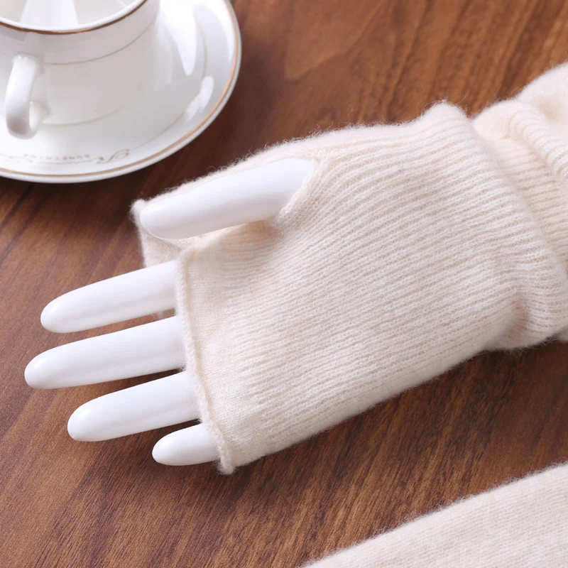 Women's 100% Pure Wool Long-Sleeved Fingerless Gloves Warm Elbow-Length Knitted Mittens Solid Color Hand Warmers