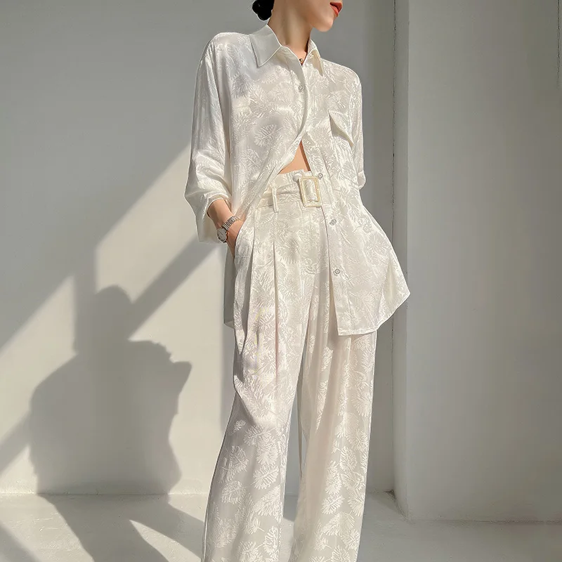 Customized Rayon Jacquard Suit  Street Style Women's Square Collar Shirt+Wide Leg Pants Fashion Loose High-End Two-Piece Set S-L