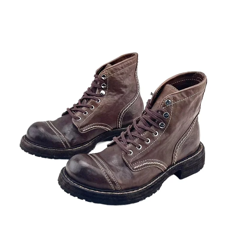 Genuine Leather Big Toe Leather Shoes High Cut Thick Soled Workwear Washed Horsehide Handmade Men Boots