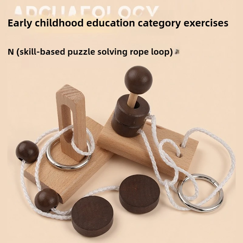 Chinese Classical Brain Teaser Set, Wooden Topology Column Rope Puzzle & Kongming Lock, 3D Logic Game, Chinese Brain Teaser