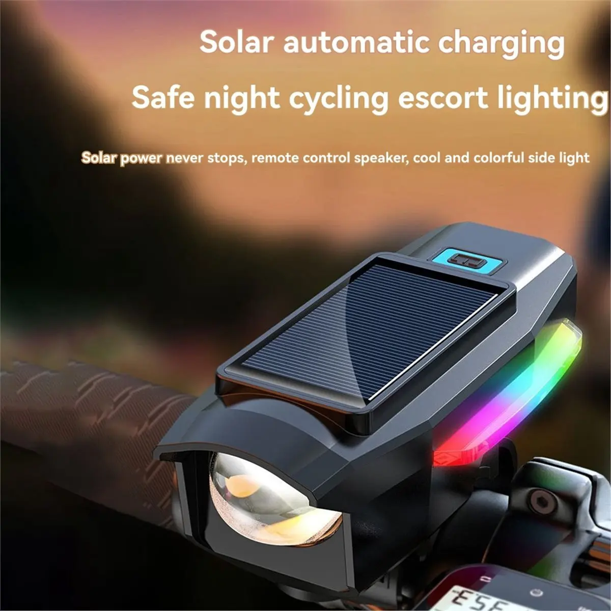 Farol solar de bicicleta recarregável USB luz frontal solar com buzina acessórios de bicicleta à prova d'água