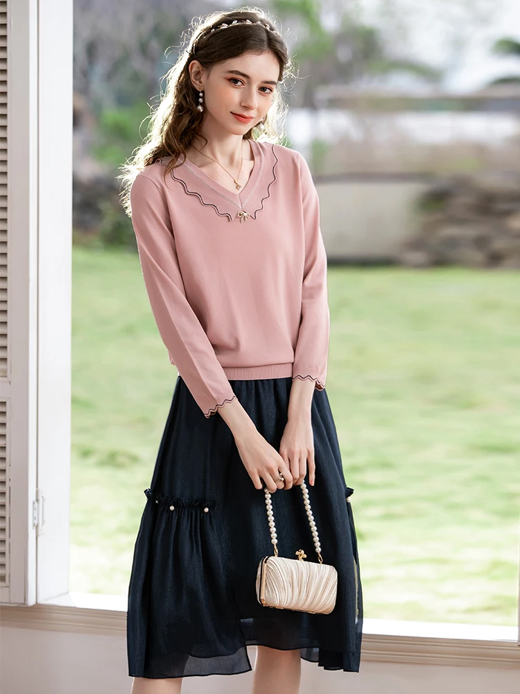 I BELIEVE YOU Spring Knitted Tops for Women 2022 Wave Edge V-neck Bow Elegant Blouse Female Clothing Harajuku Sweater 2221144392