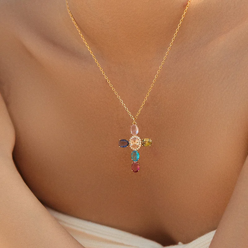 

Minimalist Colorful Zircon 18K Gold Plated Cross Pendant Necklace for Women Men Chain Necklaces Fashion Jewelry Gift