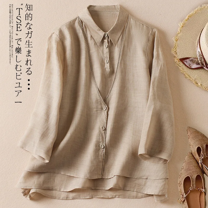 Women Casual Cotton Linen Lapel Collar Shirts Beige Summer Lantern Half Sleeve Tops Summer Korean Loose Mom Button Up Blouse OL