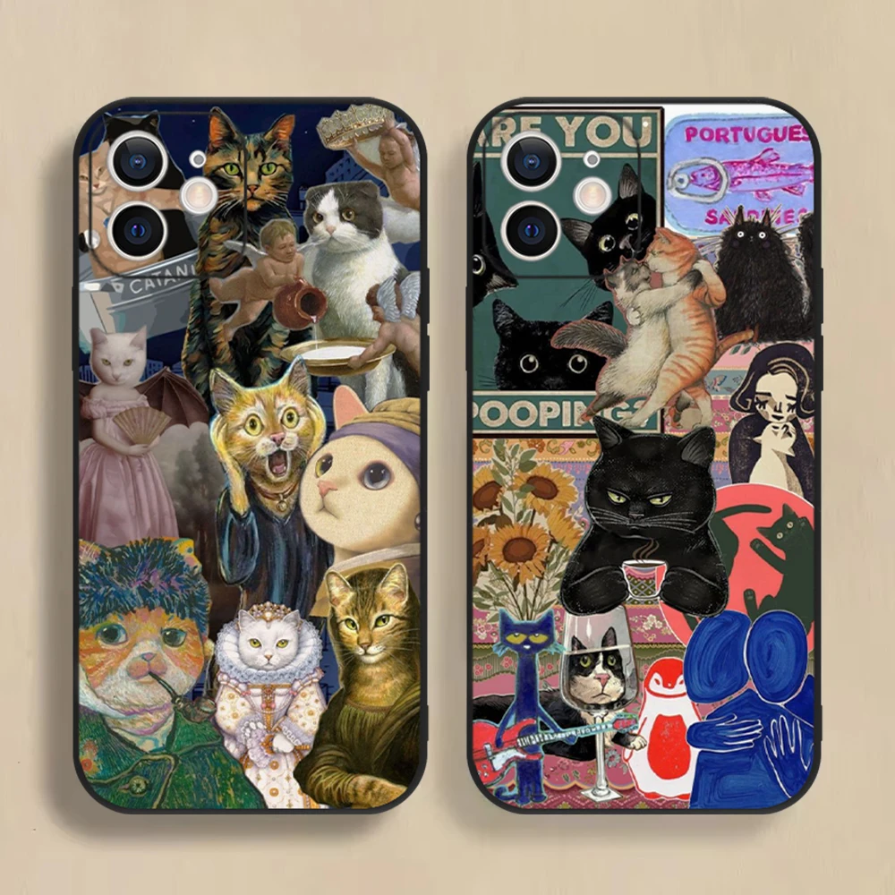 Lustige Künstlerische Cartoon-Katzen-Handyhülle für iPhone 17 16 15 14 13 12 11 Pro Max Mini SE 7 8 Plus 17E Stoßfeste Weiche Schutzhülle