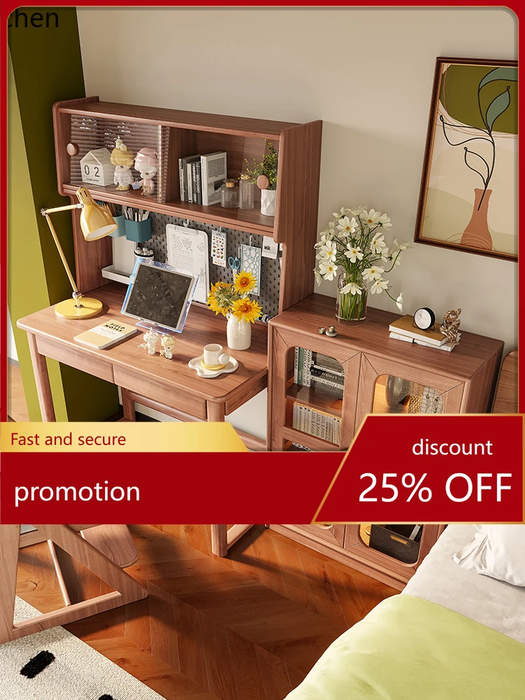 

HT solid wood bookcase desk integrated floor bookshelf red sandalwood glass door large storage cabinet